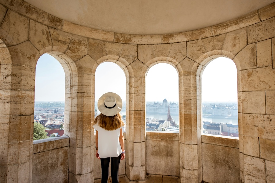 Young girl looking at Budapest from Fisherman's Bastion