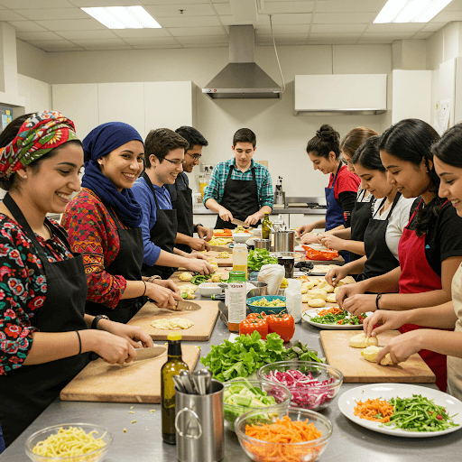 Students cooking together in a dormitory